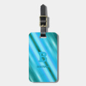 変更イニシャル名前ソフトブルーアクアティール（緑がかった色）ストライプ ラゲッジタグ (正面縦)