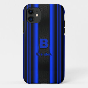 変更イニシャル名前メタリックブルー黒ストライプ色 iPhone 11 ケース
