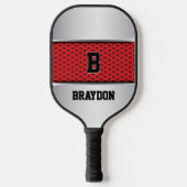 変更イニシャル、名前の追加、シルバーグレー赤テクスチャ ピックルボールラケット (正面)