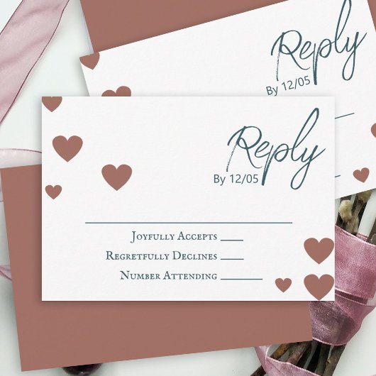 変更ハートカラー、テラコッタ、ティール（緑がかった色）結婚式RSVP アドバイスカード