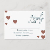 変更ハートカラー、テラコッタ、ティール（緑がかった色）結婚式RSVP アドバイスカード (正面)