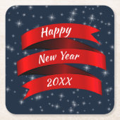 変更年文字ハッピーニューイヤー20xx赤いリボン スクエアペーパーコースター (正面)