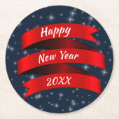 変更年文字ハッピーニューイヤー20xx赤いリボンSq ラウンドペーパーコースター (正面)