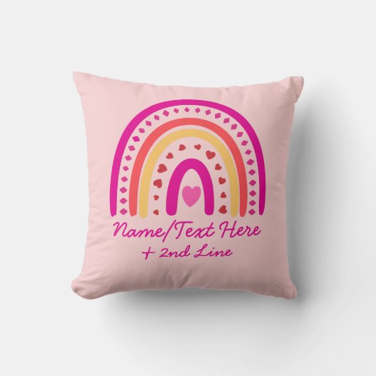 変更文字名前を追加、ボーホレインボーハートピンク クッション (正面)