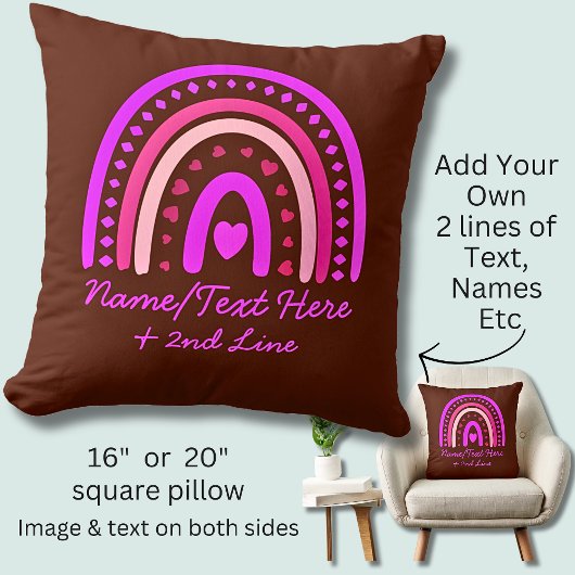 変更文字名前を追加Boho Rainbowハートピンクブラウン クッション