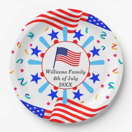 変更文字USAフラグ独立日7月4日 ペーパープレート (正面)