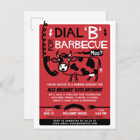 夏おもしろいのバーベキュー | レトロ60s BBQ牛 インビテーションポストカード (正面/裏面)