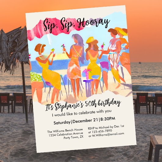 夏おもしろいビーチカクテルウィメンズ50誕生日 招待状