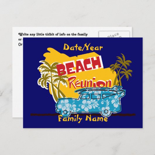 夏おもしろいビーチファミリー懇親会はがき ポストカード (正面/裏面)
