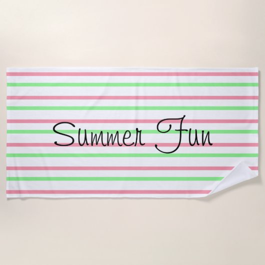 夏おもしろいピンクグリーンホワイトストライプズ ビーチタオル (正面)