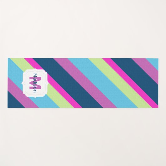 夏おもしろいブルーピンクライムラインカラフルモノグラム ヨガマット (正面(横))