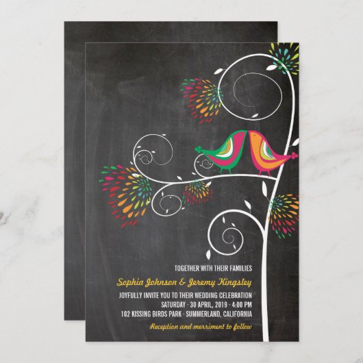 夏お洒落の愛キスをする鳥の結婚式の招待 招待状 (正面/裏面)