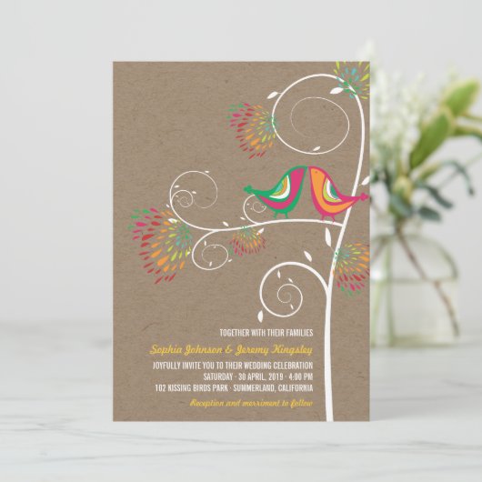 夏お洒落の愛キスをする鳥の結婚式の招待 招待状 (スタンド正面)