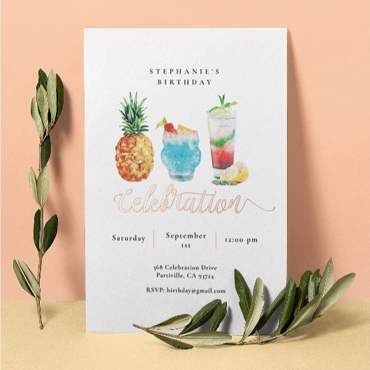 夏お祝いフルーツカクテルバースデーパーティー 箔招待状