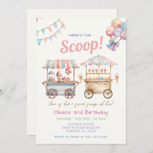 夏かわいいペーストIアイスクリームトラック第3誕生日 招待状 (正面/裏面)
