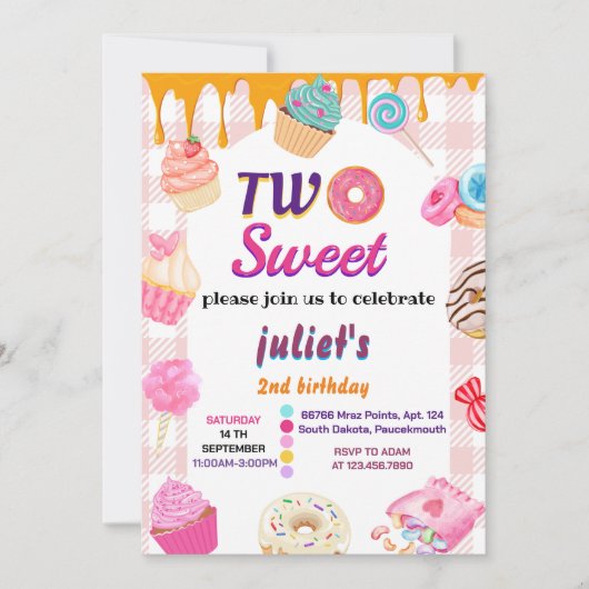 夏かわいい子供の女の子2甘い2歳の誕生日 招待状 (正面)