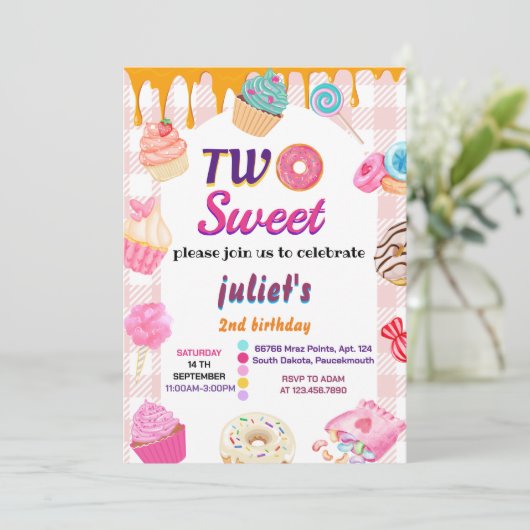 夏かわいい子供の女の子2甘い2歳の誕生日 招待状 (スタンド正面)