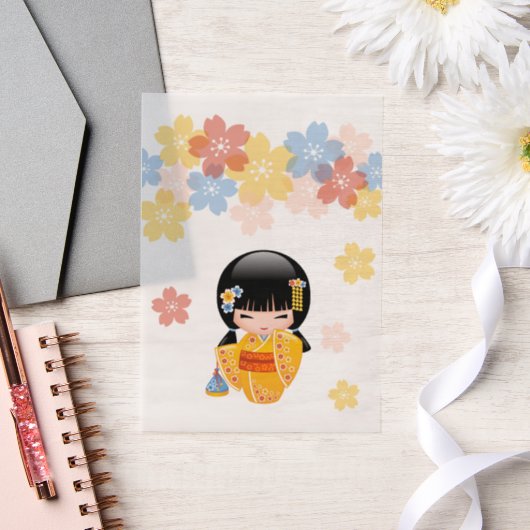 夏こけし人形黄色い着物芸者インサート ベラム紙招待状 (ウェディング)