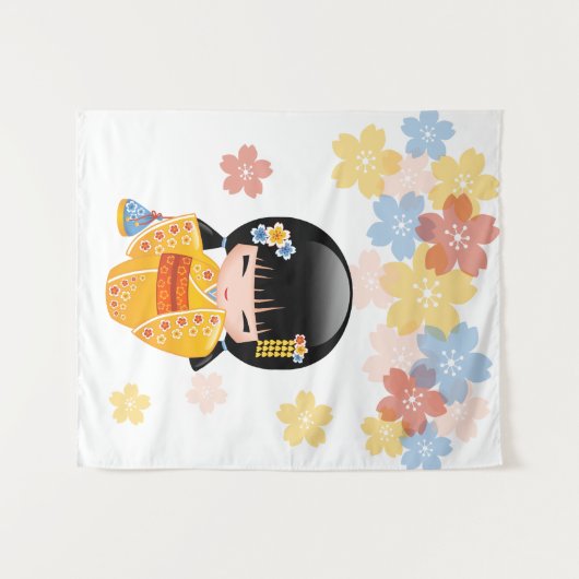 夏こけし人形 – 黄色い着物芸者ガール タペストリー (正面(横))