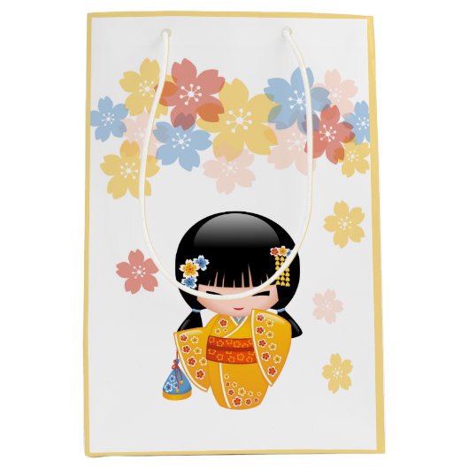 夏こけし人形 – 黄色い着物芸者ガール ミディアムペーパーバッグ (正面)