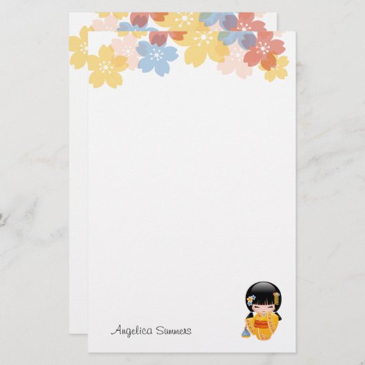 夏こけし人形 – 黄色い着物芸者ガール 便箋 (正面/裏面)