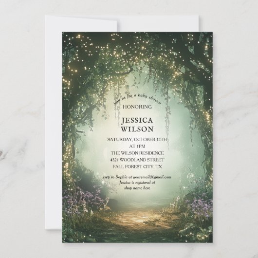 夏のおとぎ話に魅了された森の赤ちゃんシャワー 招待状 (正面)