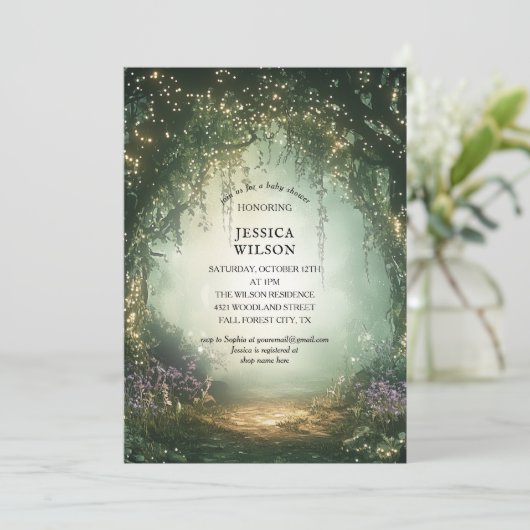 夏のおとぎ話に魅了された森の赤ちゃんシャワー 招待状 (スタンド正面)