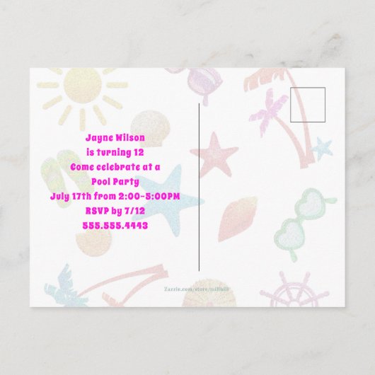 夏のおもしろいの女の子の誕生日パーティーへの招待 ポストカード (裏面)