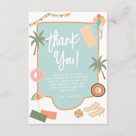 夏のおもしろいガールスプラッシュプール誕生日パーティー サンキューカード (正面)