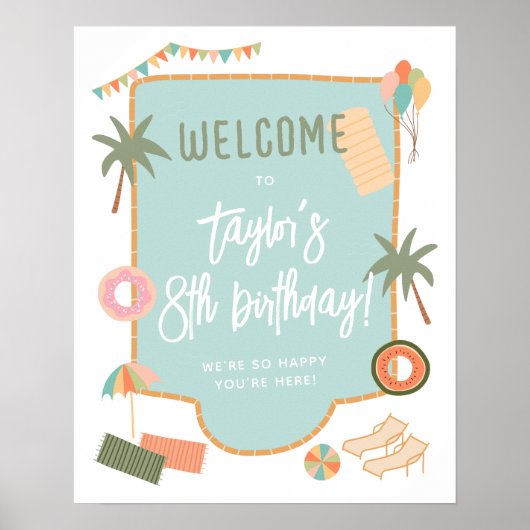 夏のおもしろいガールプール誕生日パーティーウェルカムサイン ポスター (正面)