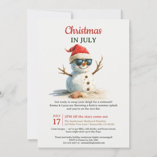 夏のおもしろいクリスマス7月の雪だるまサングラス 招待状 (正面)