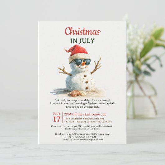 夏のおもしろいクリスマス7月の雪だるまサングラス 招待状 (スタンド正面)