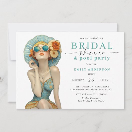 夏のおもしろいブライダルシャワーとプールパーティの招待状 招待状 (正面)