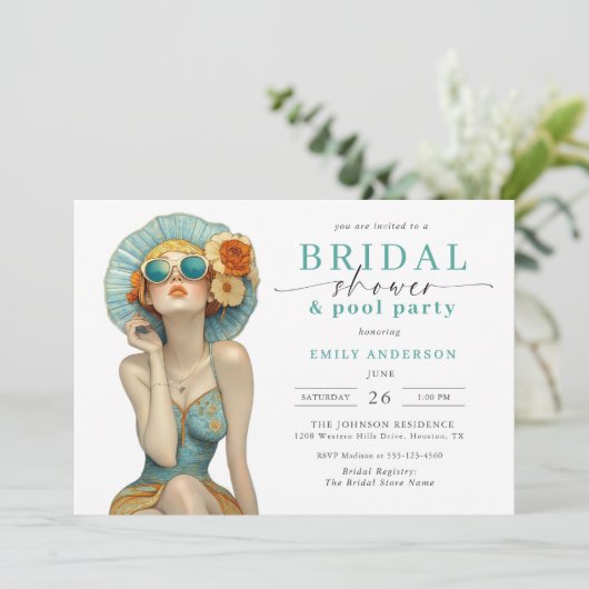夏のおもしろいブライダルシャワーとプールパーティの招待状 招待状 (スタンド正面)