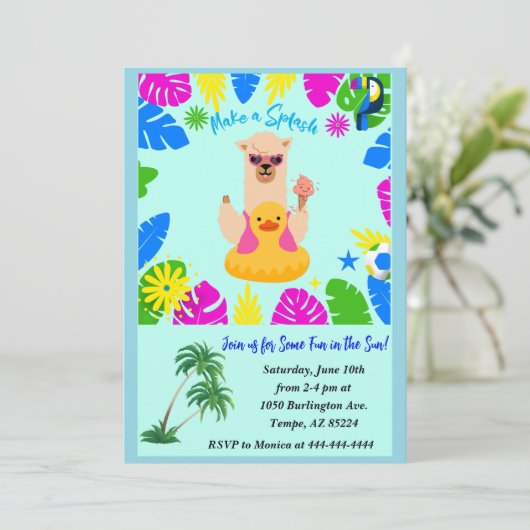 夏のおもしろいラマのアヒル内管プールパーティーI 招待状 (スタンド正面)
