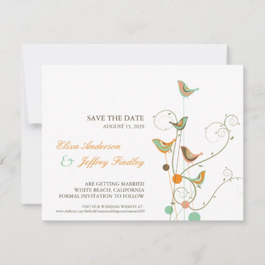 夏のお洒落鳥と渦巻きで日付カードを保存 招待状 (正面)