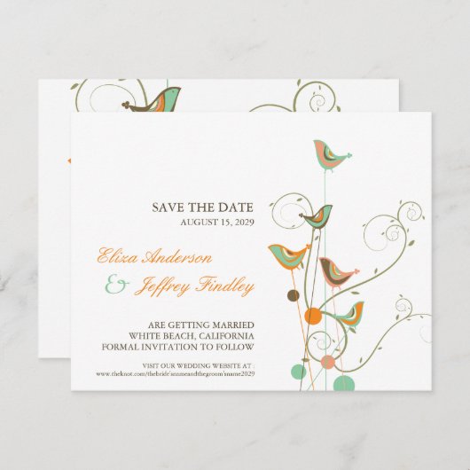 夏のお洒落鳥と渦巻きで日付カードを保存 招待状 (正面/裏面)