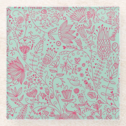 夏のかわいい花パターン ガラスコースター (正面)