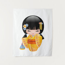 夏のこけし人形 - 黄色の着物芸者さん タペストリー