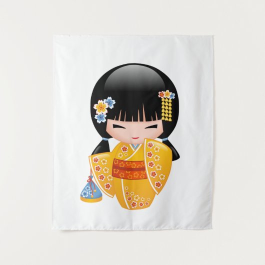 夏のこけし人形 - 黄色の着物芸者さん タペストリー (正面)