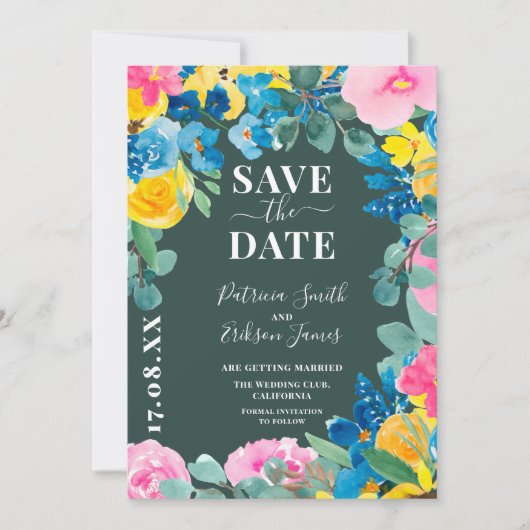 夏のはっきりしたフローラ写真の結婚式の日付を保存 セーブザデート (正面)