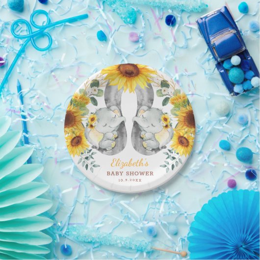 夏のひまわりの象双子ジャングルのベビーシャワー ペーパープレート (パーティー)