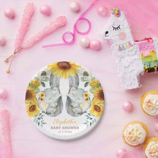 夏のひまわりの象双子ジャングルのベビーシャワー ペーパープレート (パーティー)