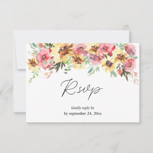 夏のひまわりフローラと食事RSVPカード 出欠カード (正面)