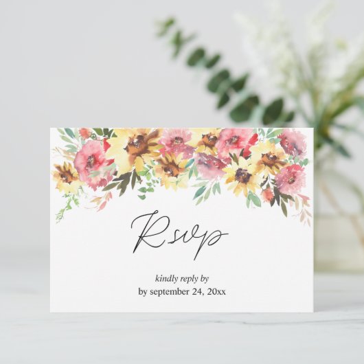 夏のひまわりフローラと食事RSVPカード 出欠カード (スタンド正面)