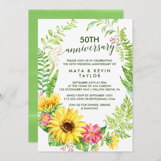 夏のひまわりリース 50周年結婚記念日 招待状 (正面/裏面)