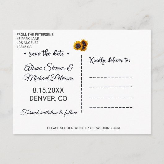 夏のひまわり |フォトウェディング日付を保存 案内ポストカード (裏面)