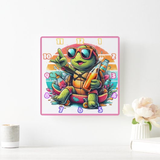 夏のよくはしゃぐパーティーを楽しむ亀 スクエア壁時計 (ホーム)