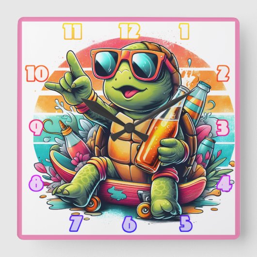 夏のよくはしゃぐパーティーを楽しむ亀 スクエア壁時計 (正面)