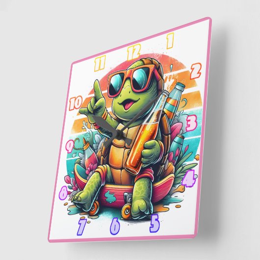 夏のよくはしゃぐパーティーを楽しむ亀 スクエア壁時計 (傾斜)